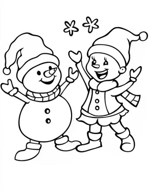 Cheerful Snowman and Elf Dancing Christmas Coloring Page by Mindset Flow