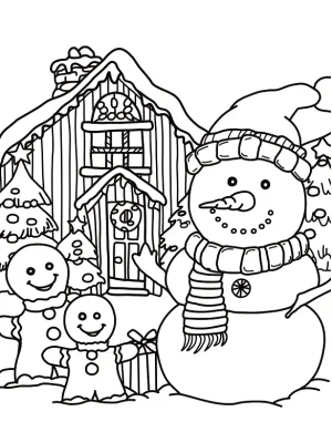 Cheerful Snowman and Gingerbread Friends Coloring Page By Mindset Flow