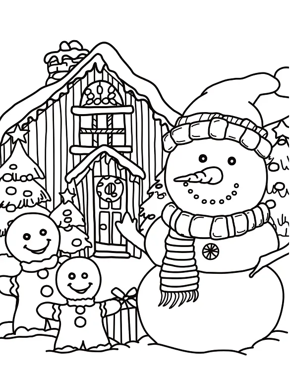Cheerful Snowman and Gingerbread Friends Coloring Page By Mindset Flow Cheerful Snowman and Gingerbread Friends Coloring Page By Mindset Flow
