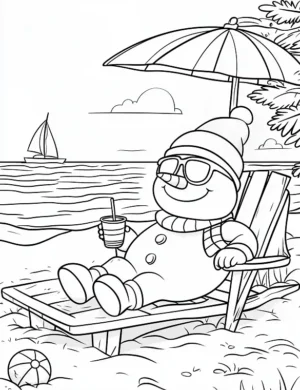 Cheerful Snowman at the Beach Holiday Coloring Page