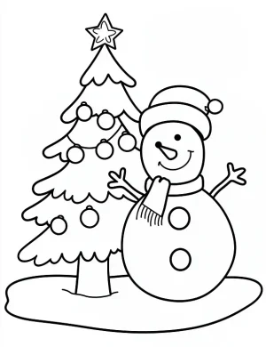 Cheerful Snowman with Tree Christmas Coloring Page by Mindset Flow