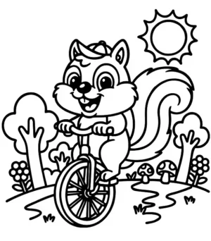 Cheerful Squirrel Riding a Wobbly Unicycle Coloring Page By Mindset Flow