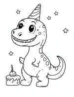 Cheerful T-Rex with Birthday Cake and Party Hat Coloring Page