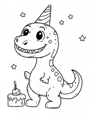 Cheerful T-Rex with Birthday Cake and Party Hat Coloring Page