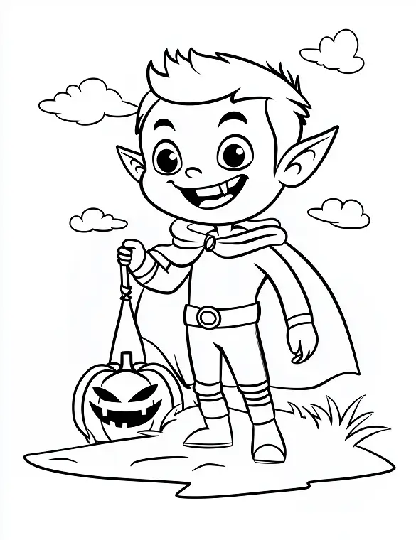 Cheerful Vampire Holding a Pumpkin Handle Coloring Page by Mindset Flow