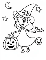 Cheerful Witch Girl with Pumpkin Halloween Coloring Page by Mindset Flow