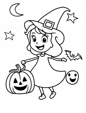 Cheerful Witch Girl with Pumpkin Halloween Coloring Page by Mindset Flow