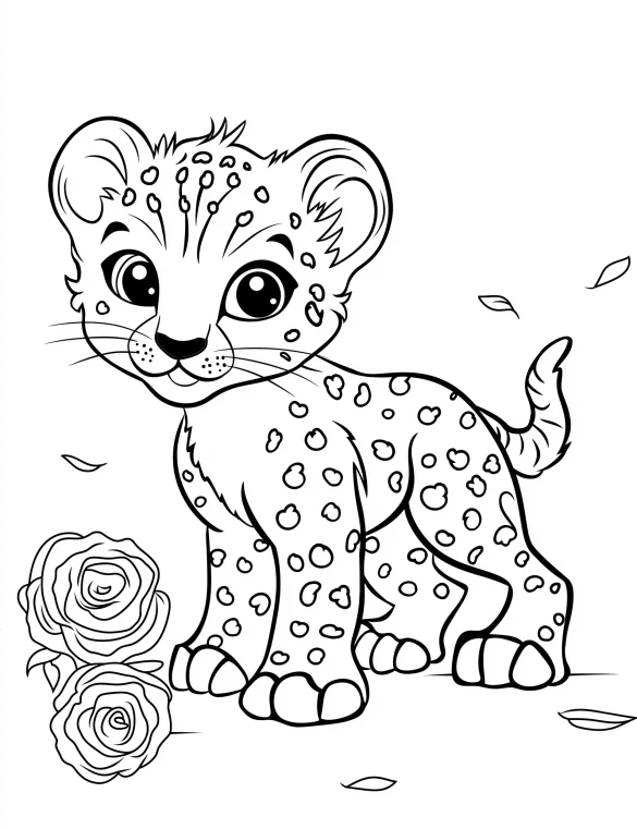 Cheetah with Roses and Leaves Coloring Page