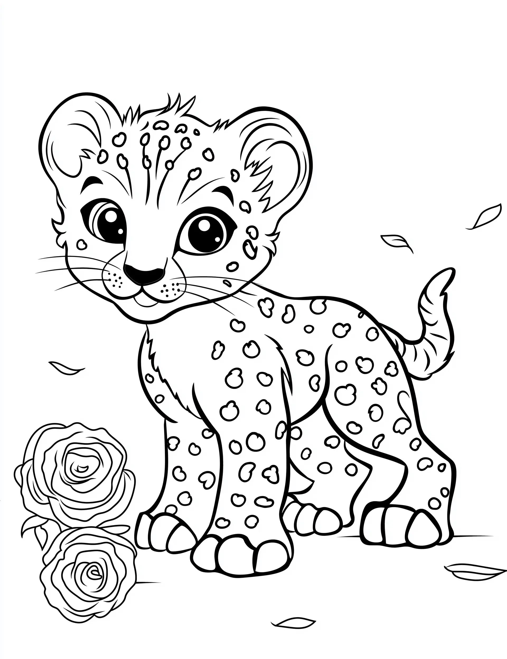 Cheetah with Roses and Leaves Coloring Page