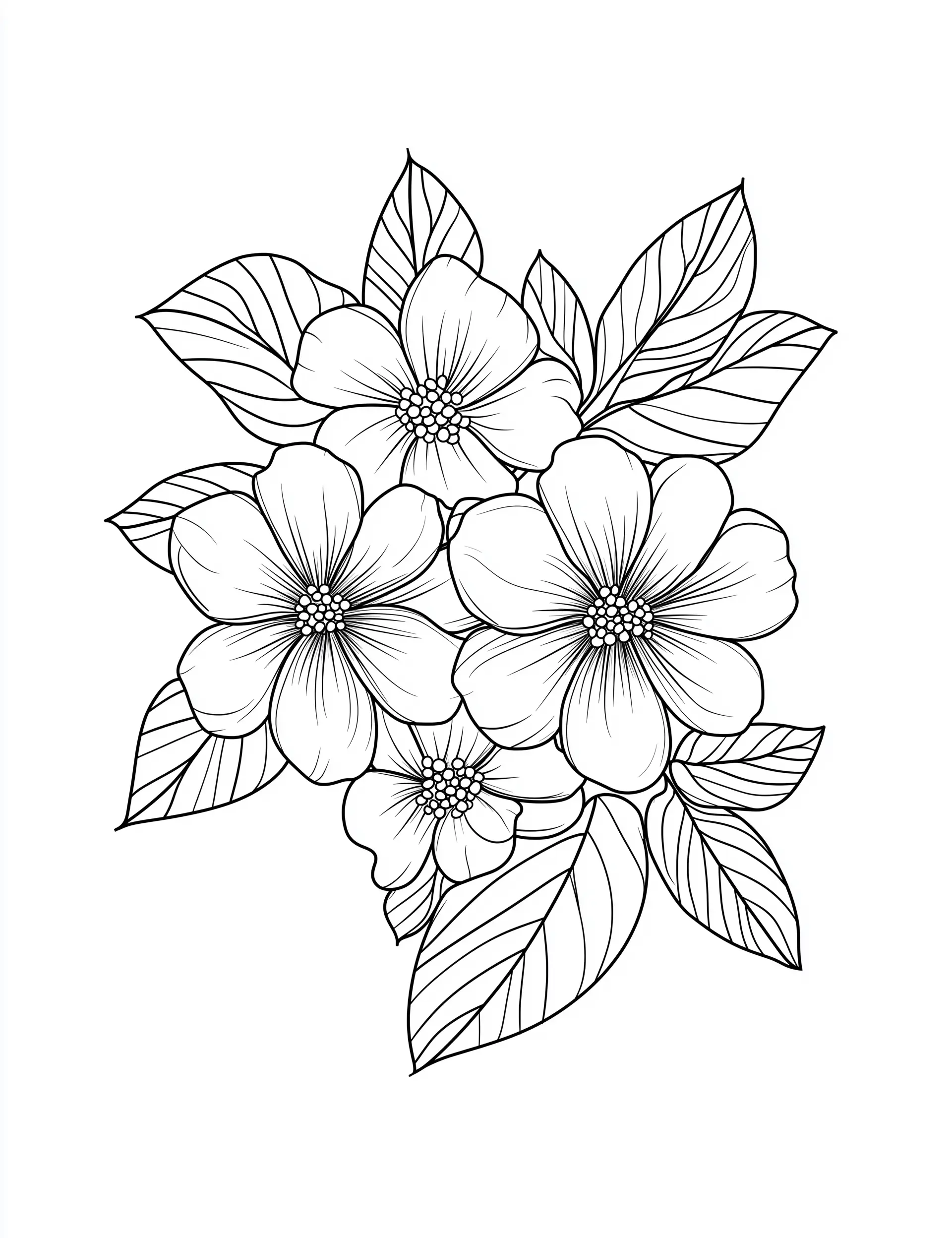 Cherry Blossom Flowers with Detailed Petals and Leaves Coloring Page