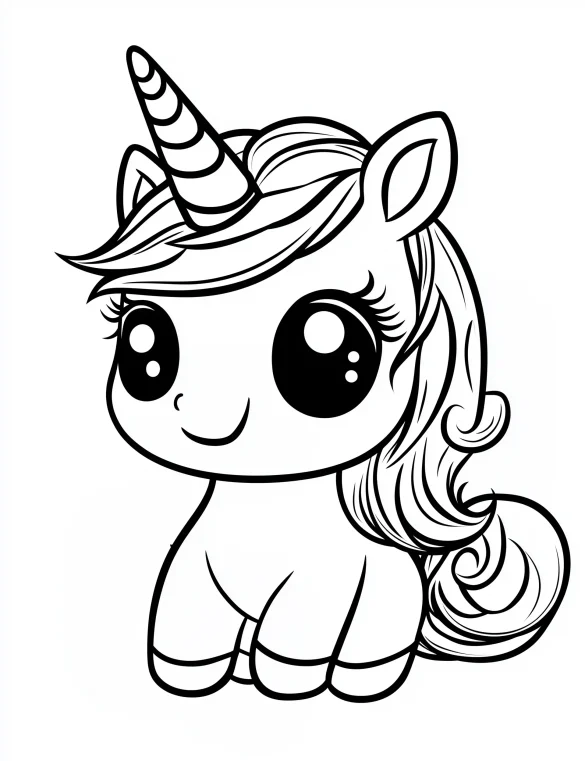 Chibi Style Cute Unicorn with Big Sparkling Eyes Coloring Page