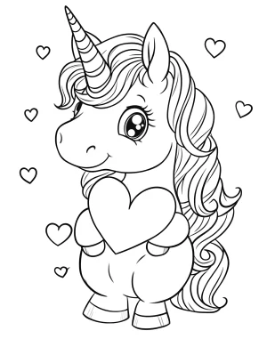 Chibi Unicorn Holding Large Heart Coloring Page