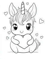 Chibi Unicorn Holding Large Heart with Floating Hearts Coloring Page