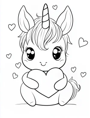 Chibi Unicorn Holding Large Heart with Floating Hearts Coloring Page
