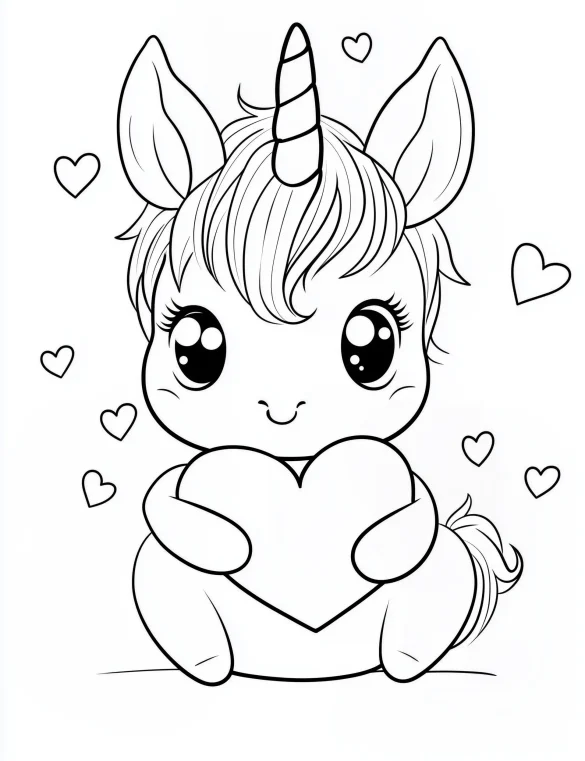 Chibi Unicorn Holding Large Heart with Floating Hearts Coloring Page