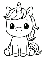 Chibi Unicorn Sitting with Big Eyes and Smiling Coloring Page