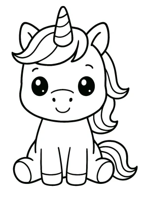 Chibi Unicorn Sitting with Big Eyes and Smiling Coloring Page