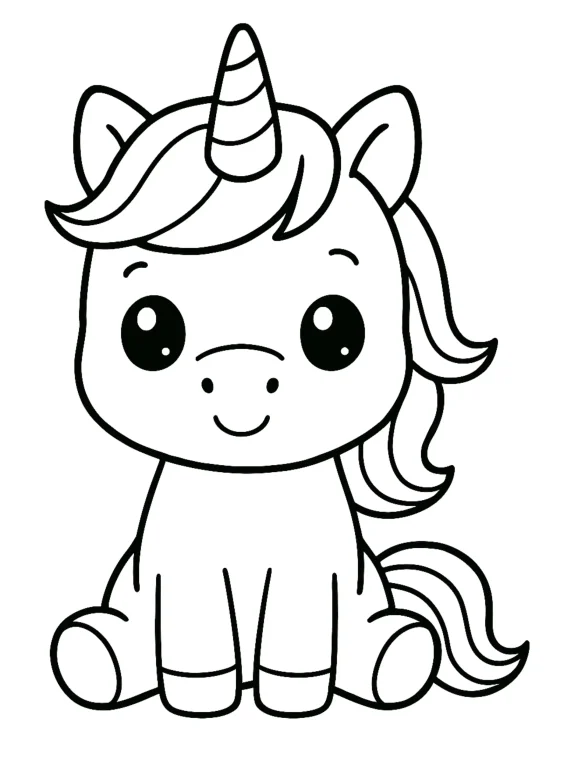 Chibi Unicorn Sitting with Big Eyes and Smiling Coloring Page