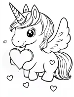 Chibi Unicorn with Wings Holding Large Heart and Floating Hearts Coloring Page