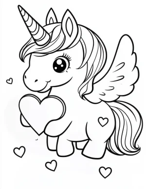 Chibi Unicorn with Wings Holding Large Heart and Floating Hearts Coloring Page
