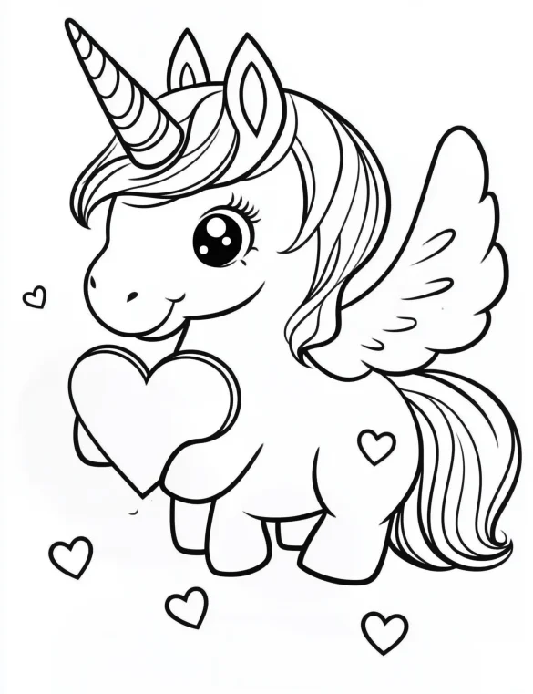 Chibi Unicorn with Wings Holding Large Heart and Floating Hearts Coloring Page