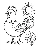 Chicken with Sun and Daisy Flower Coloring Page