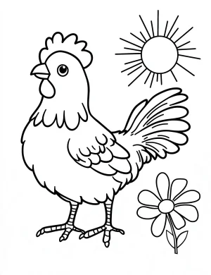 Chicken with Sun and Daisy Flower Coloring Page