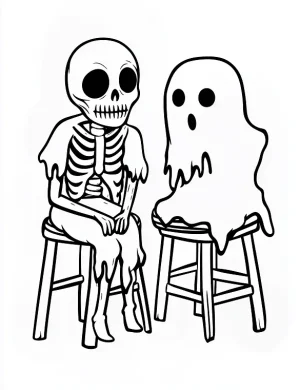 Chilling Skeleton and Ghost Sitting Together Halloween Coloring Page by Mindset Flow