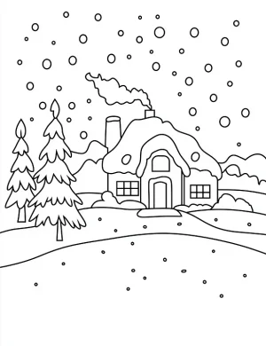 Christmas Cottage in Snowy Landscape Coloring Page by Mindset Flow