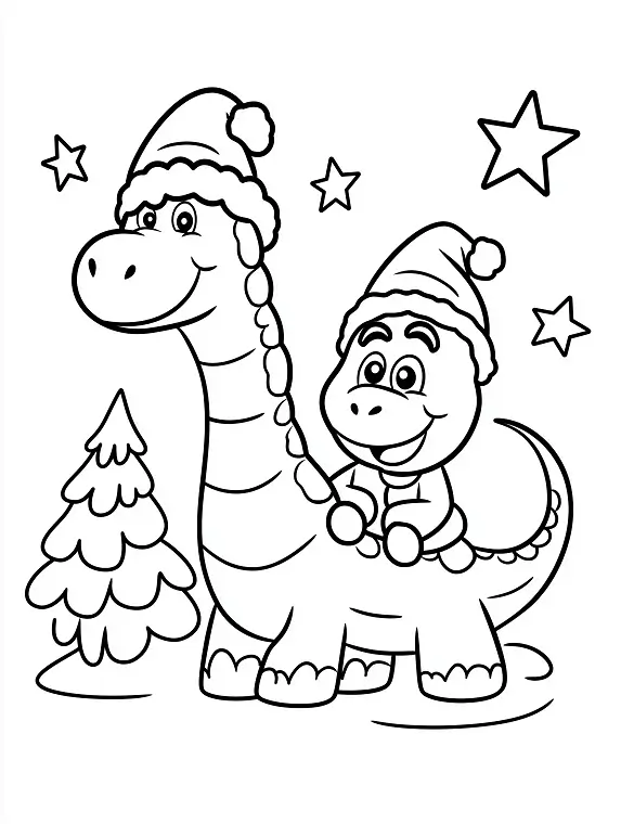 Christmas Dinosaur Family Santa Hats Trees Stars Coloring Page by Mindset Flow