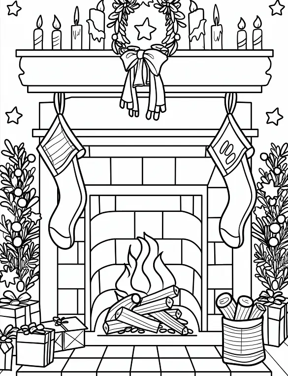 Christmas Fireplace With Gifts Adult Coloring Page By Mindset Flow