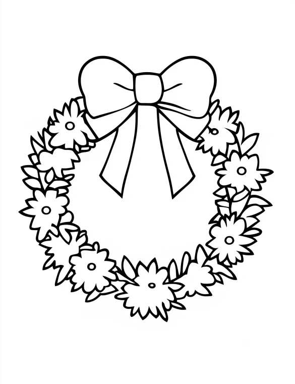 Christmas Floral Wreath with Bow Coloring Page