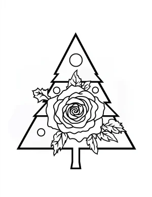 Christmas Tree with Rose and Leaves Design Coloring Page