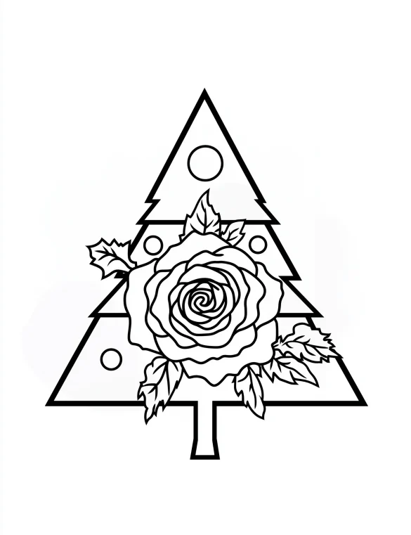 Christmas Tree with Rose and Leaves Design Coloring Page