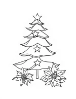 Christmas Tree with Star Decorations and Lily Flowers Coloring Page