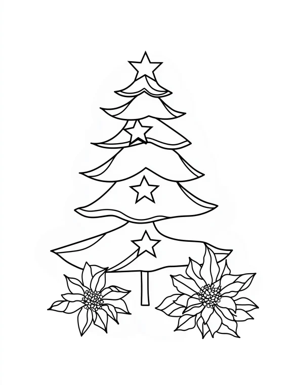Christmas Tree with Star Decorations and Lily Flowers Coloring Page