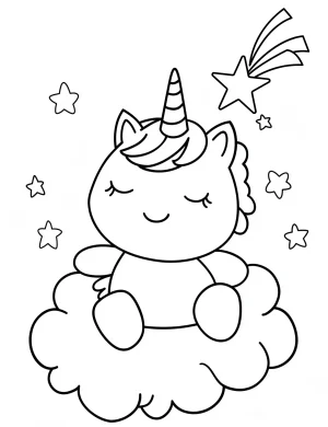 Chubby Unicorn Sitting on Cloud with Stars Coloring Page