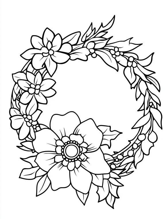 Circular Floral Wreath Coloring Page