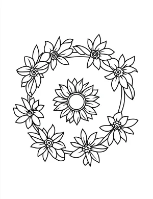 Circular Floral Wreath with Blooming Flowers Coloring Page