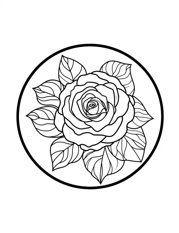 Circular Mandala Rose Design with Detailed Leaves Coloring Page