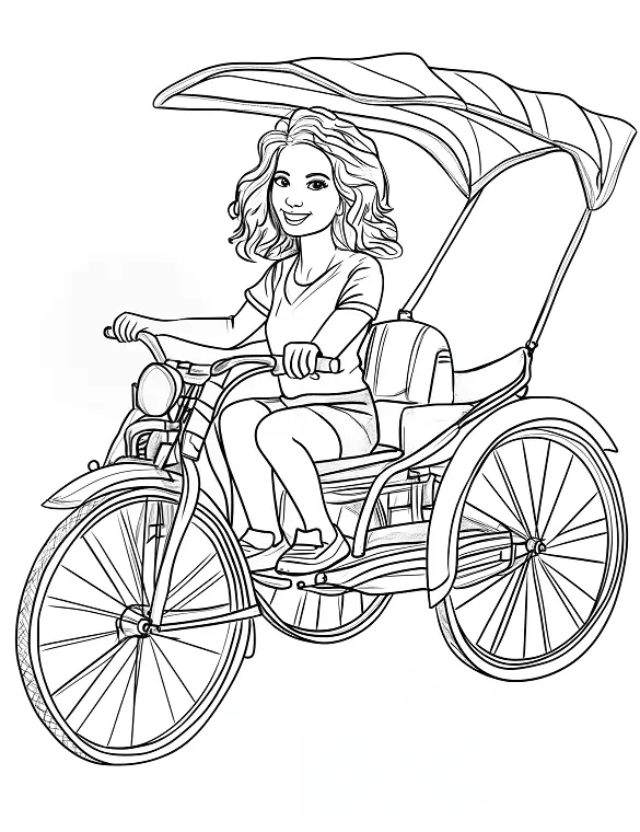 City Exploration Girl Riding Rickshaw Adult Coloring Page By Mindset Flow