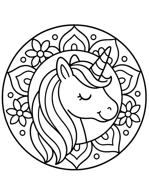 Classic Unicorn Head Mandala with Floral Design Coloring Page