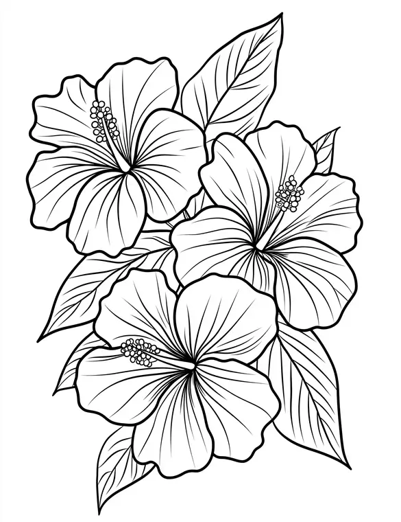 Cluster Of Hibiscus Flowers Printable Coloring Page