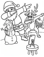 Cool Santa Reindeer and Snowman Selfie Coloring Page By Mindset Flow