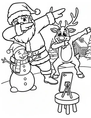 Cool Santa Reindeer and Snowman Selfie Coloring Page By Mindset Flow