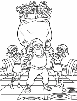 Cool Santa and Elves Weightlifting Coloring Page By Mindset Flow