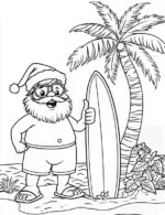 Cool Santa with Surfboard on Beach Christmas Coloring Page By Mindset Flow