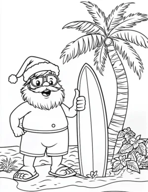 Cool Santa with Surfboard on Beach Christmas Coloring Page By Mindset Flow
