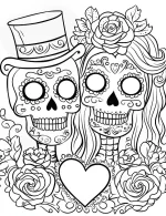 Couple Skull Design with Heart Details Adult Coloring Page by Mindset Flow