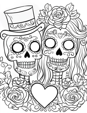 Couple Skull Design with Heart Details Adult Coloring Page by Mindset Flow